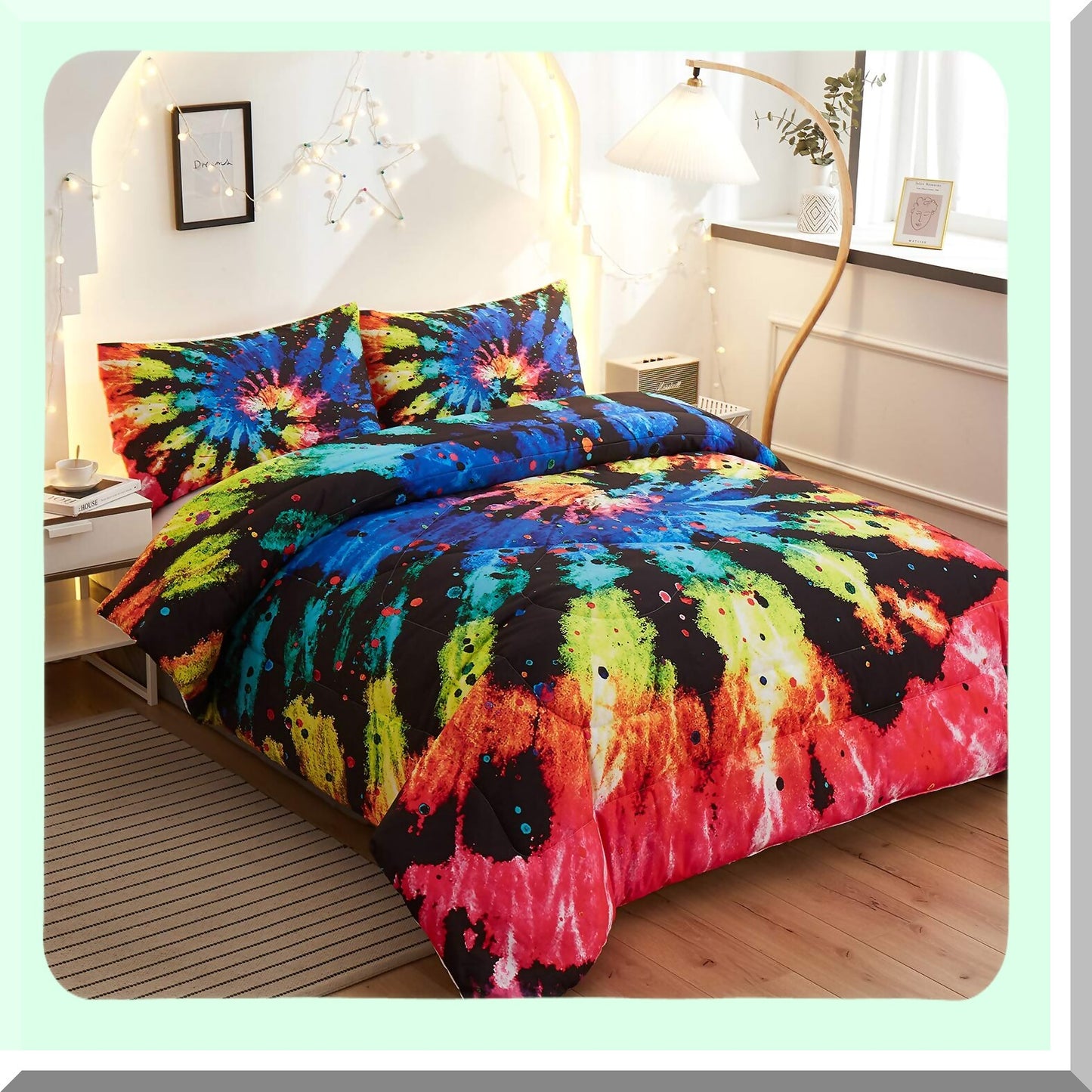 Rainbow Watercolor Tie Dye Boho Comforter Set - Twin Size - 3 Piece Bedding Set with Pillow Shams - Hippie Chic Decorative Pattern