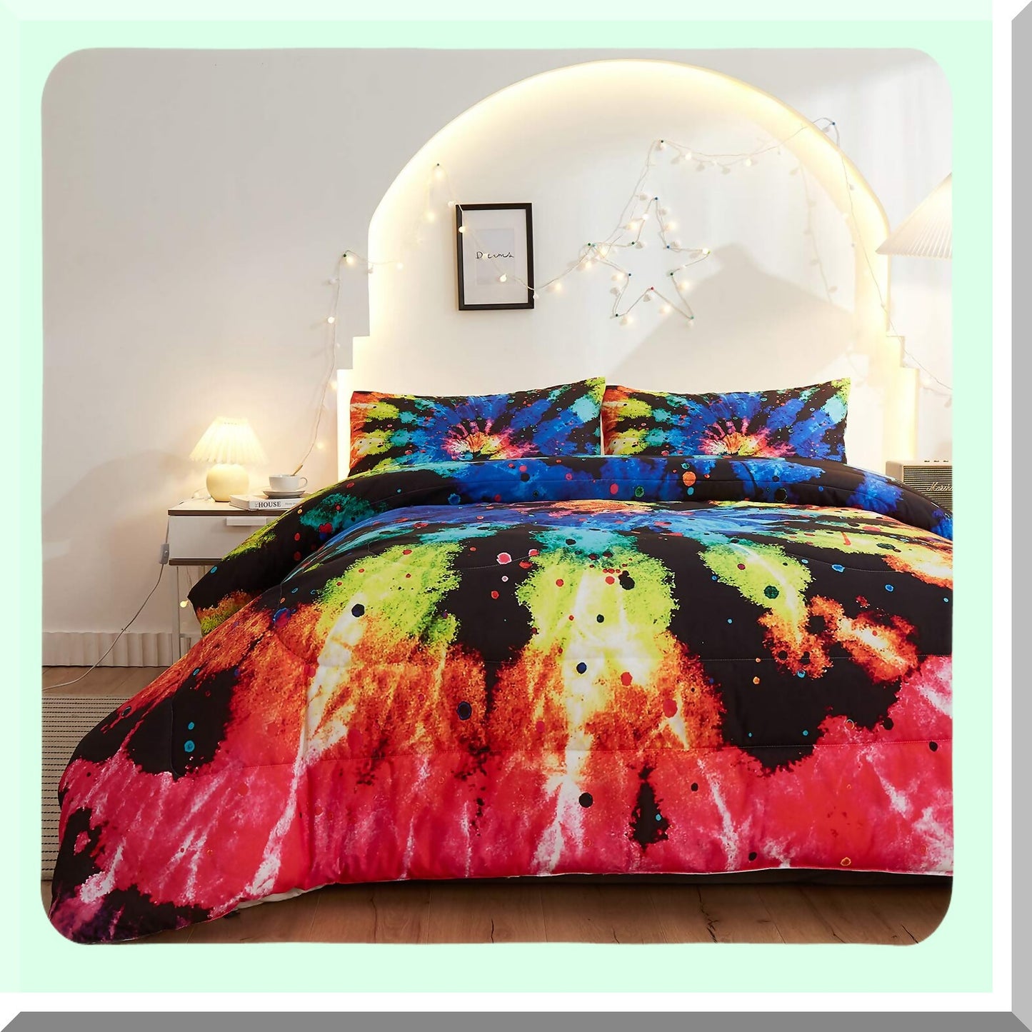 Rainbow Watercolor Tie Dye Boho Comforter Set - Twin Size - 3 Piece Bedding Set with Pillow Shams - Hippie Chic Decorative Pattern