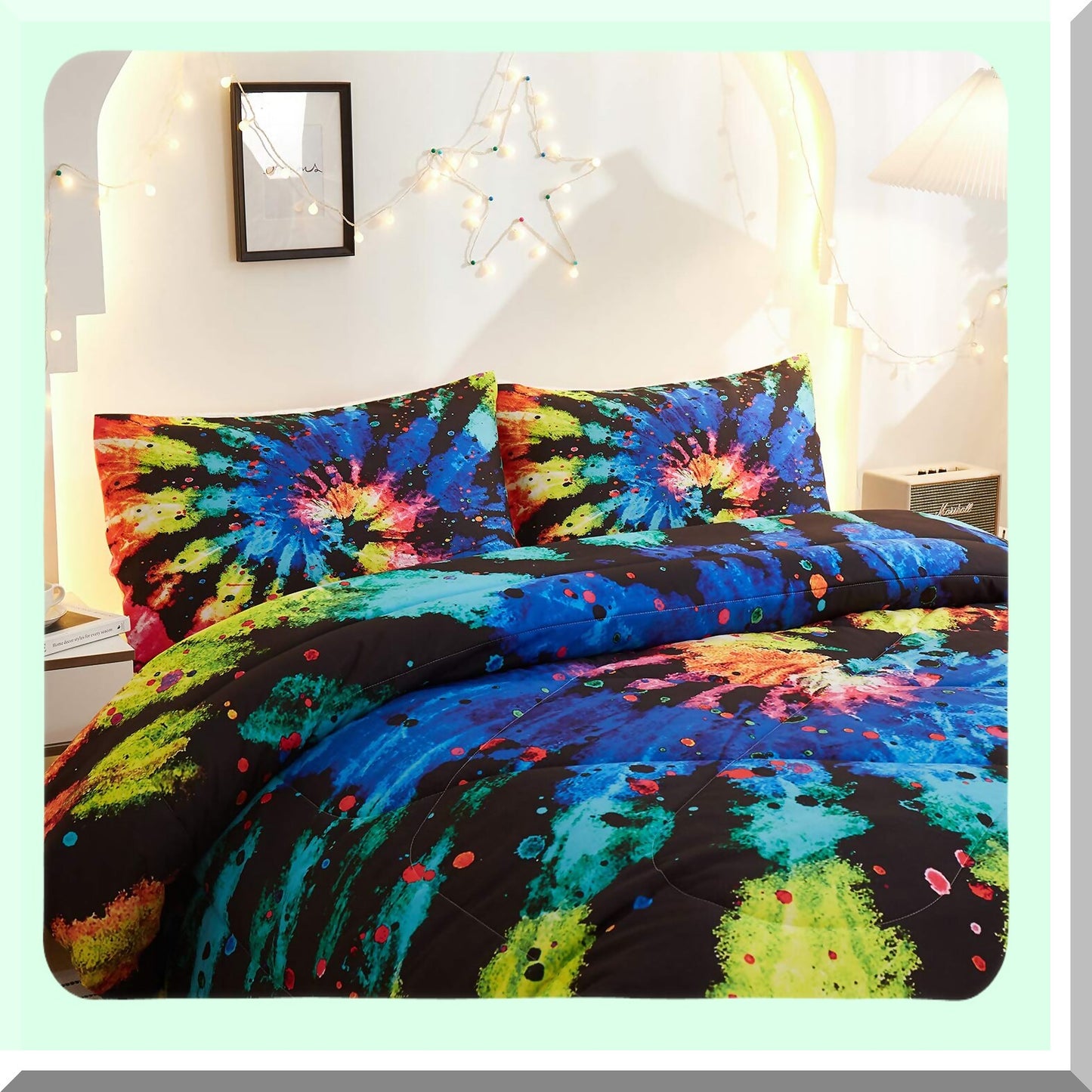 Rainbow Watercolor Tie Dye Boho Comforter Set - Twin Size - 3 Piece Bedding Set with Pillow Shams - Hippie Chic Decorative Pattern