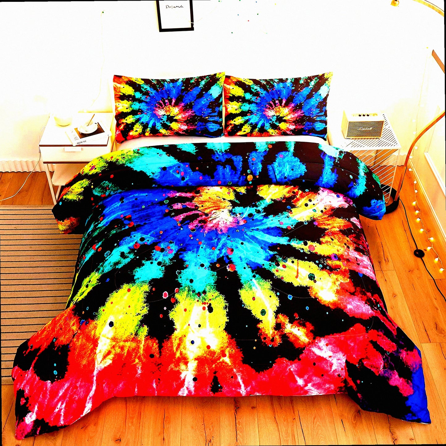 Rainbow Watercolor Tie Dye Boho Comforter Set - Twin Size - 3 Piece Bedding Set with Pillow Shams - Hippie Chic Decorative Pattern
