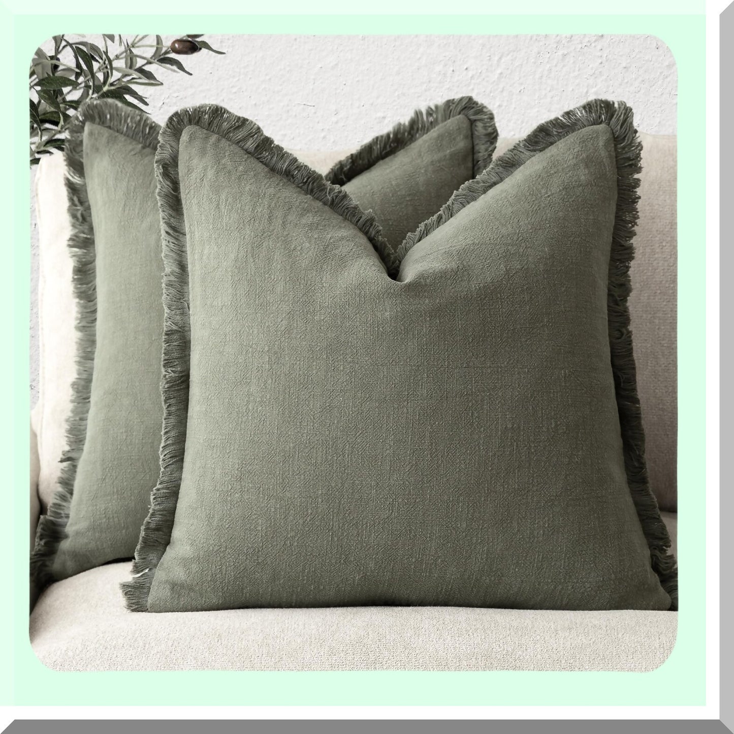 Boho Farmhouse Fringe Pillow Covers - Set of 2 Cozy Linen Cushion Cover with Tels Soft Accent for Living Room Decor, Olive Green 18x18 Inch