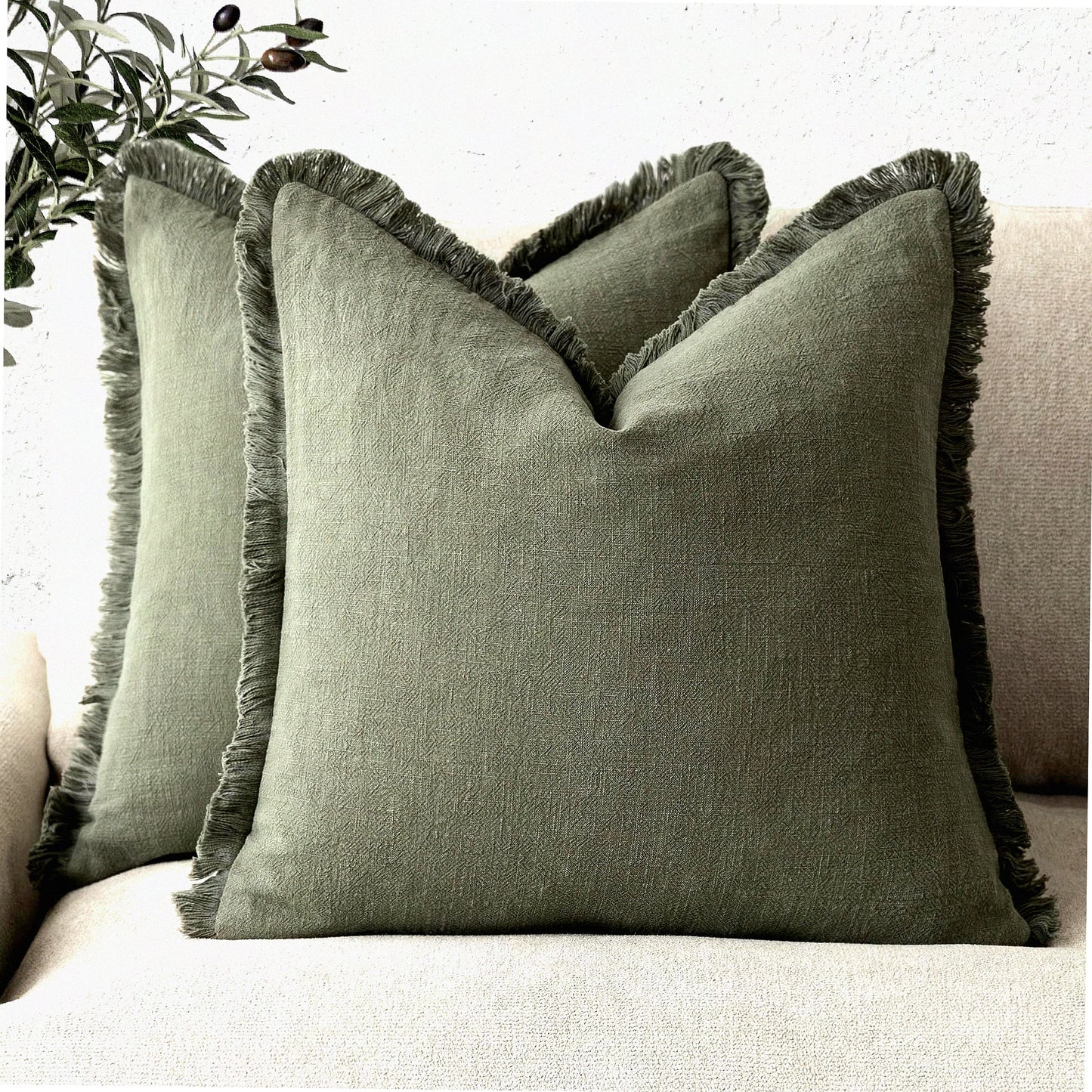Boho Farmhouse Fringe Pillow Covers - Set of 2 Cozy Linen Cushion Cover with Tels Soft Accent for Living Room Decor, Olive Green 18x18 Inch