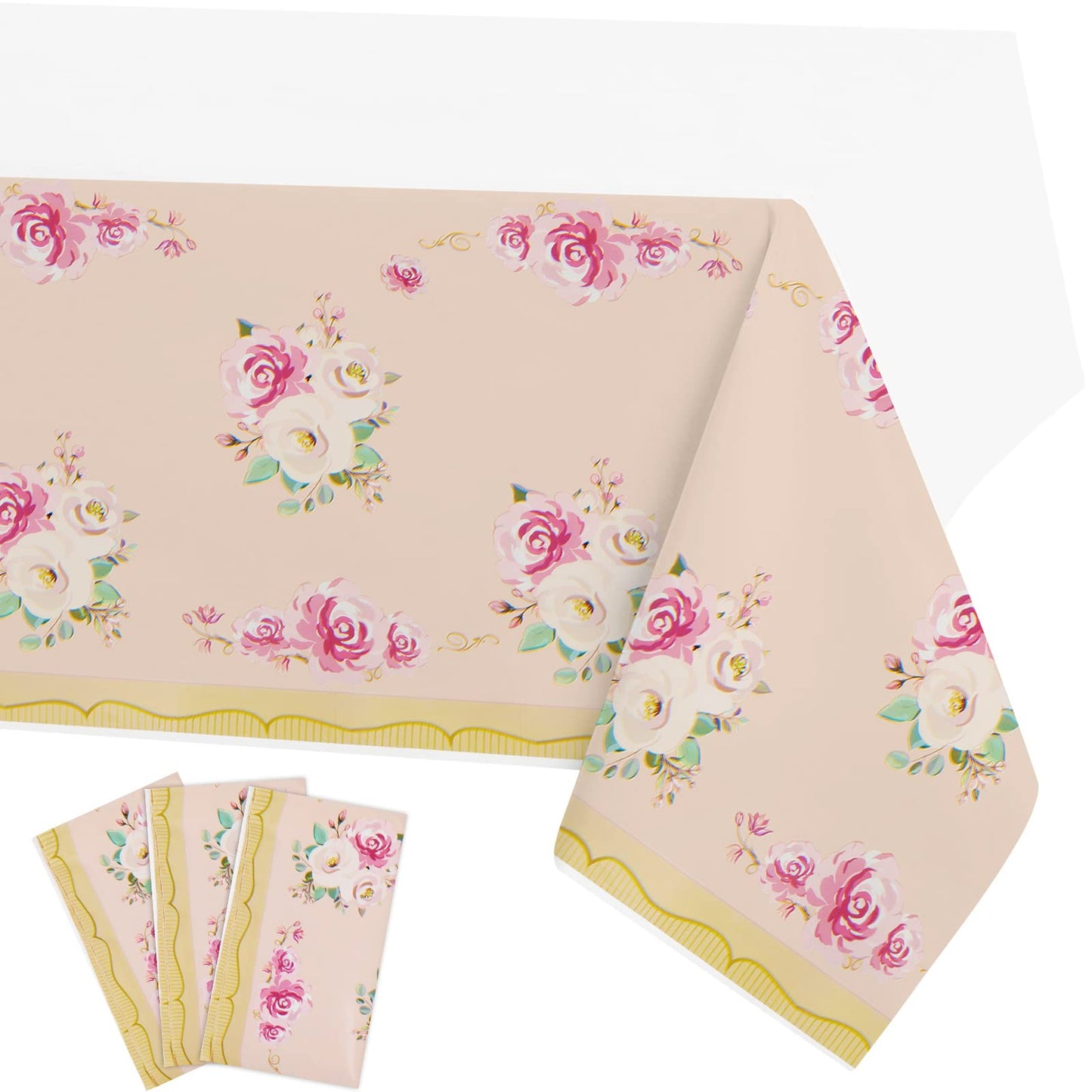 Floral Tea Party Tablecloth Set - Decorative Plastic Covers for Girl Birthday Party Supplies - Rectangular Flower Table Covers for Dessert Time