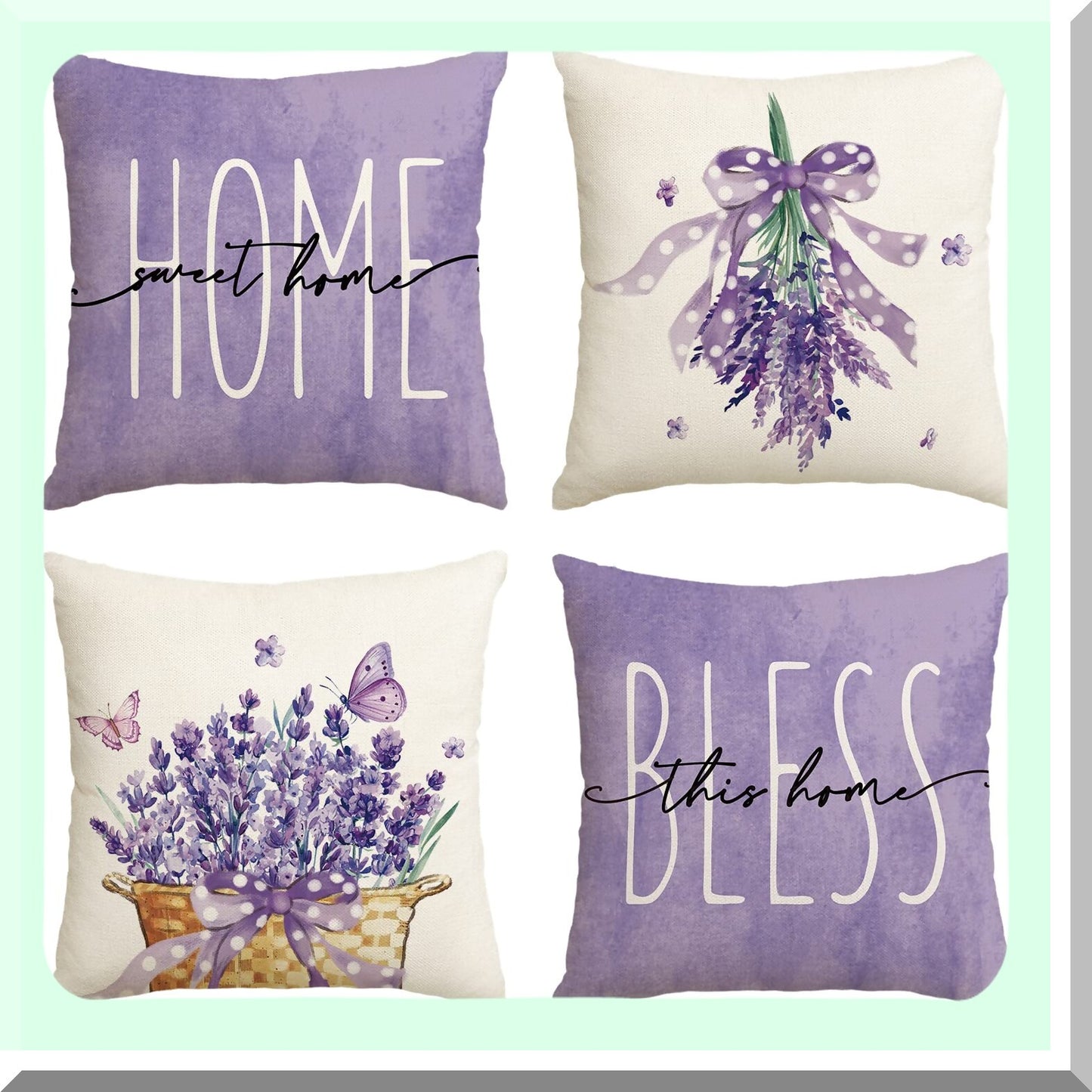 Purple Lavender Blessing Spring Home Decor Pillow Covers - Set of 4, 18x18 Inch Sofa Cushion Cases for Couch - Sweet Home Throw Pillows