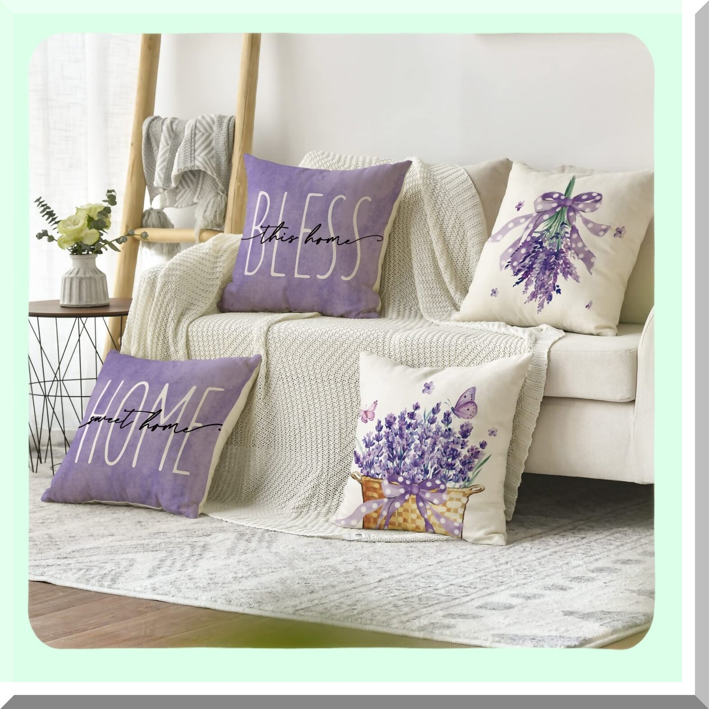 Purple Lavender Blessing Spring Home Decor Pillow Covers - Set of 4, 18x18 Inch Sofa Cushion Cases for Couch - Sweet Home Throw Pillows