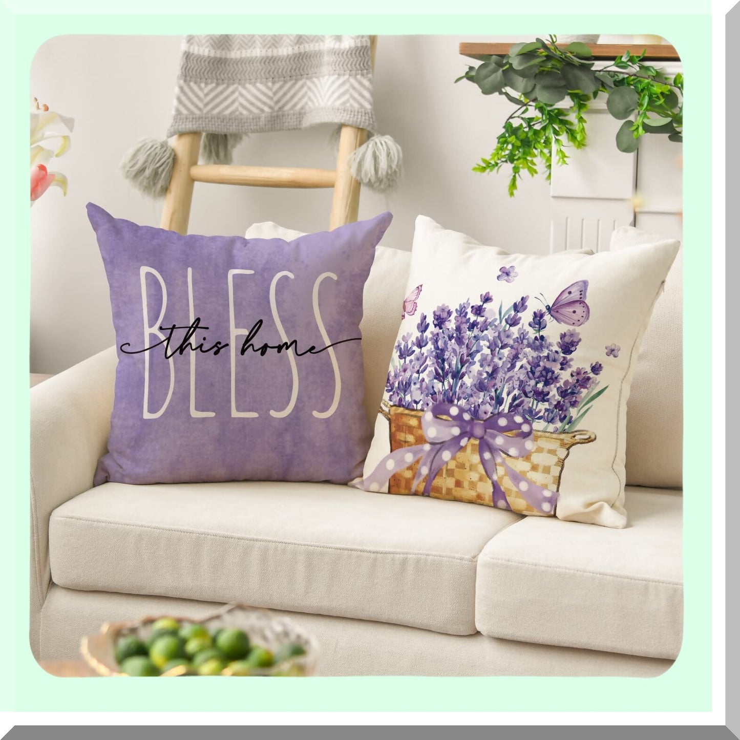 Purple Lavender Blessing Spring Home Decor Pillow Covers - Set of 4, 18x18 Inch Sofa Cushion Cases for Couch - Sweet Home Throw Pillows