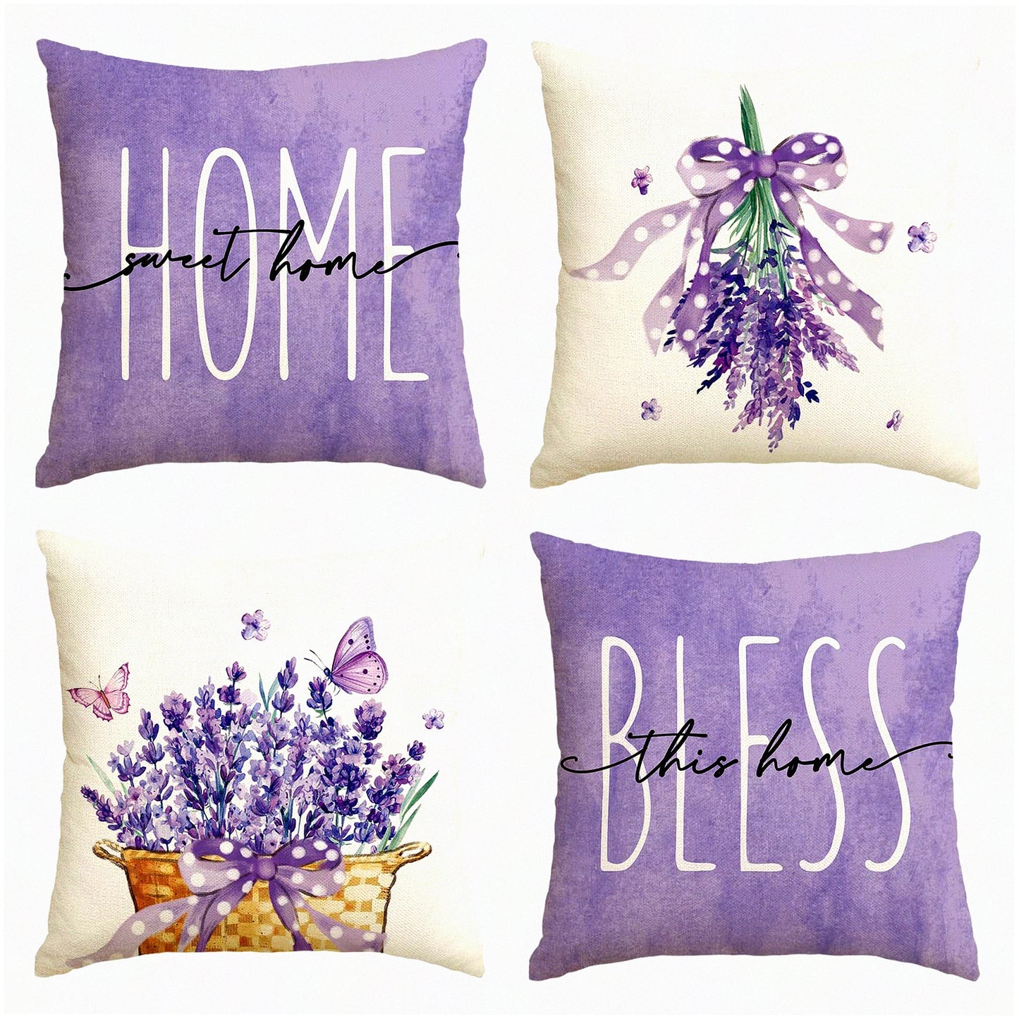 Purple Lavender Blessing Spring Home Decor Pillow Covers - Set of 4, 18x18 Inch Sofa Cushion Cases for Couch - Sweet Home Throw Pillows
