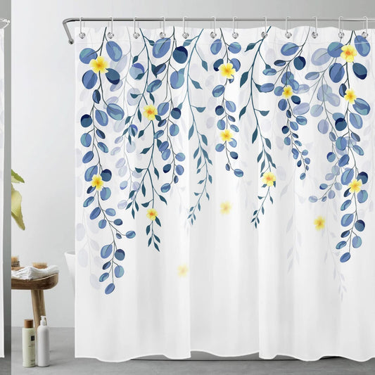 Leaves Floral Shower Curtain Blue Eucalyptus and Yellow Flowers 72x72 Inches