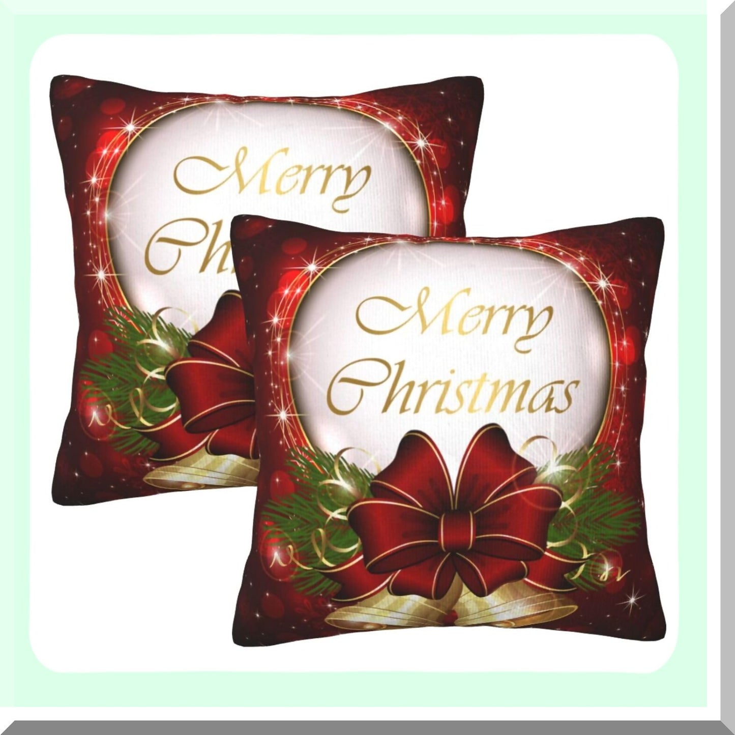 Snowflake Merry Bell Pillowcase Set - Decorative Square Cushion Cover for Sofa, Couch, Bedroom, Car - Indoor/Outdoor Throw Pillow Case - 18x18 Inches - Pack of 2