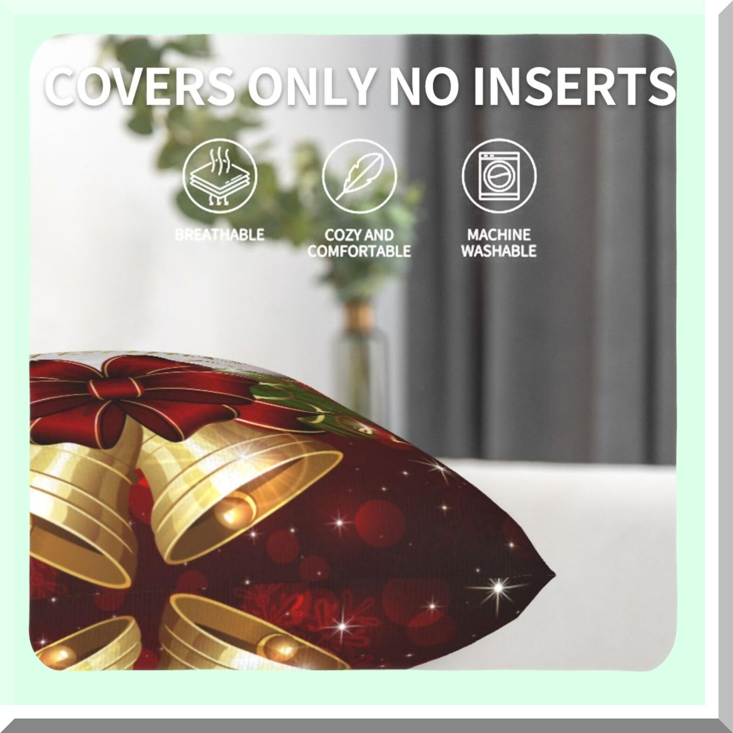 Snowflake Merry Bell Pillowcase Set - Decorative Square Cushion Cover for Sofa, Couch, Bedroom, Car - Indoor/Outdoor Throw Pillow Case - 18x18 Inches - Pack of 2