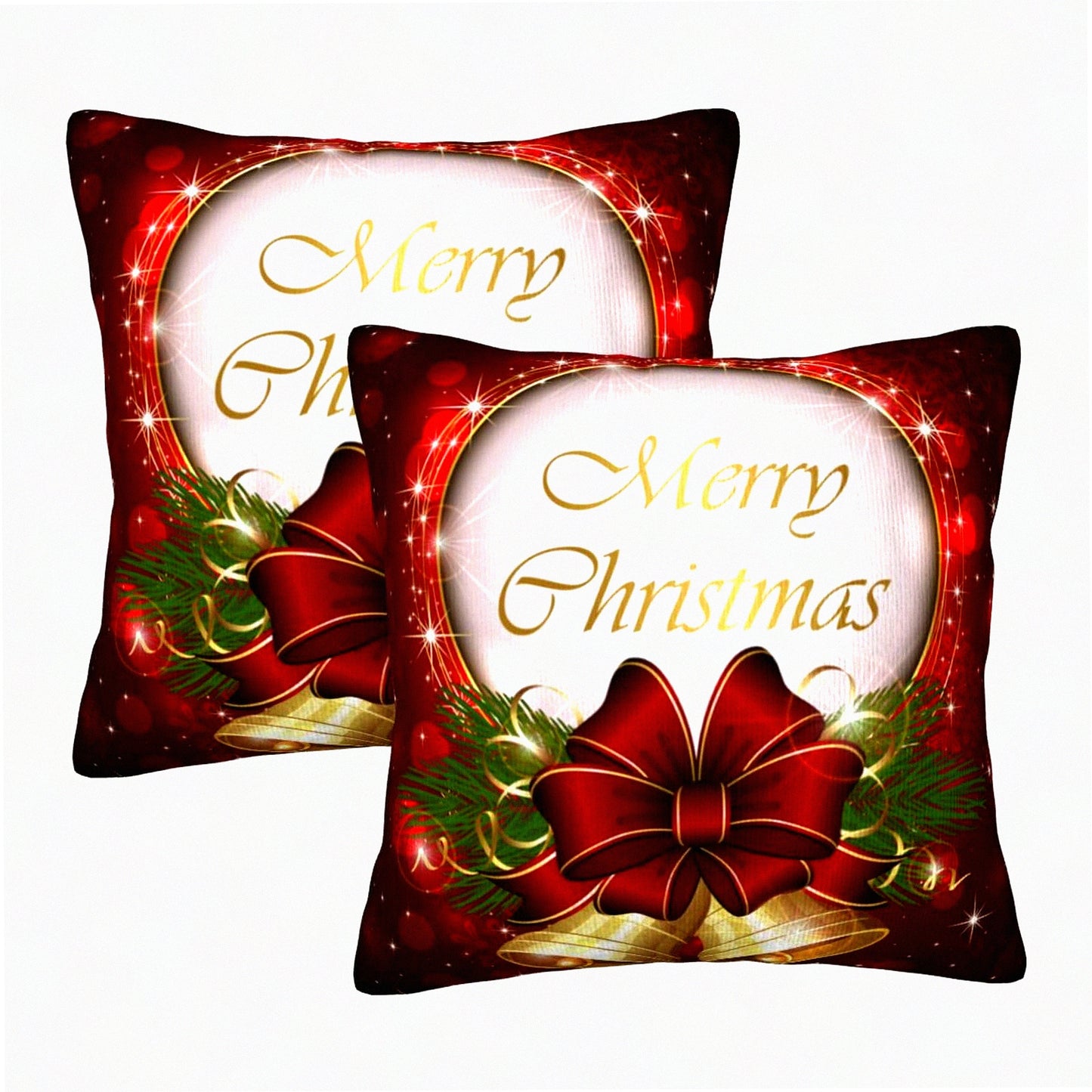Snowflake Merry Bell Pillowcase Set - Decorative Square Cushion Cover for Sofa, Couch, Bedroom, Car - Indoor/Outdoor Throw Pillow Case - 18x18 Inches - Pack of 2