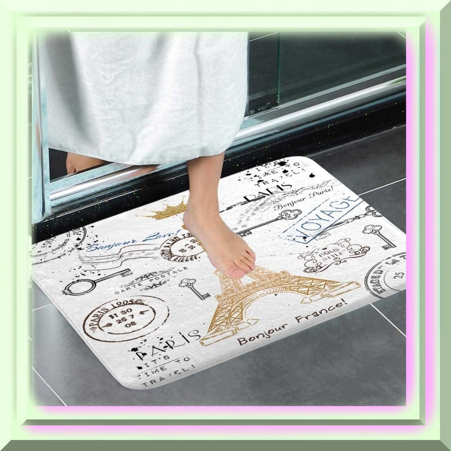 Paris Bath Rug 17x29 Inch Non Slip with Eiffel Tower