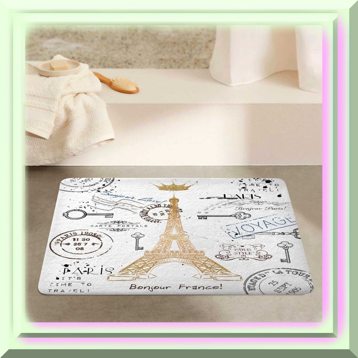 Paris Bath Rug 17x29 Inch Non Slip with Eiffel Tower