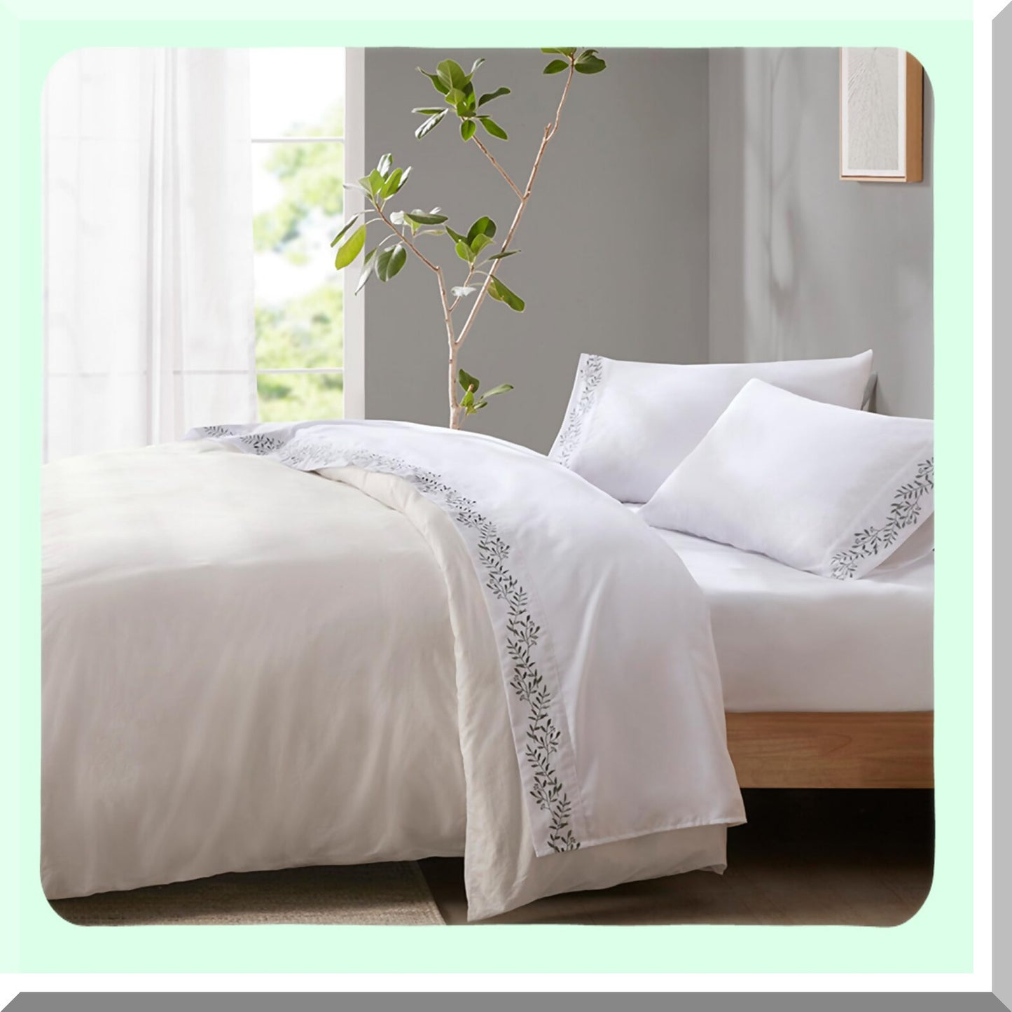 Luxury Vineyard Collection Microfiber Bedding Set - Soft Brushed Sheets with Elegant Embroidery Hem Design, Premium Elastic Pocket, All Season Pillowcases - Green Vine 4 Piece