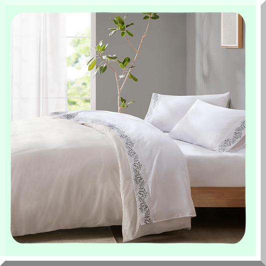 Luxury Vineyard Collection Microfiber Bedding Set - Soft Brushed Sheets with Elegant Embroidery Hem Design, Premium Elastic Pocket, All Season Pillowcases - Green Vine 4 Piece