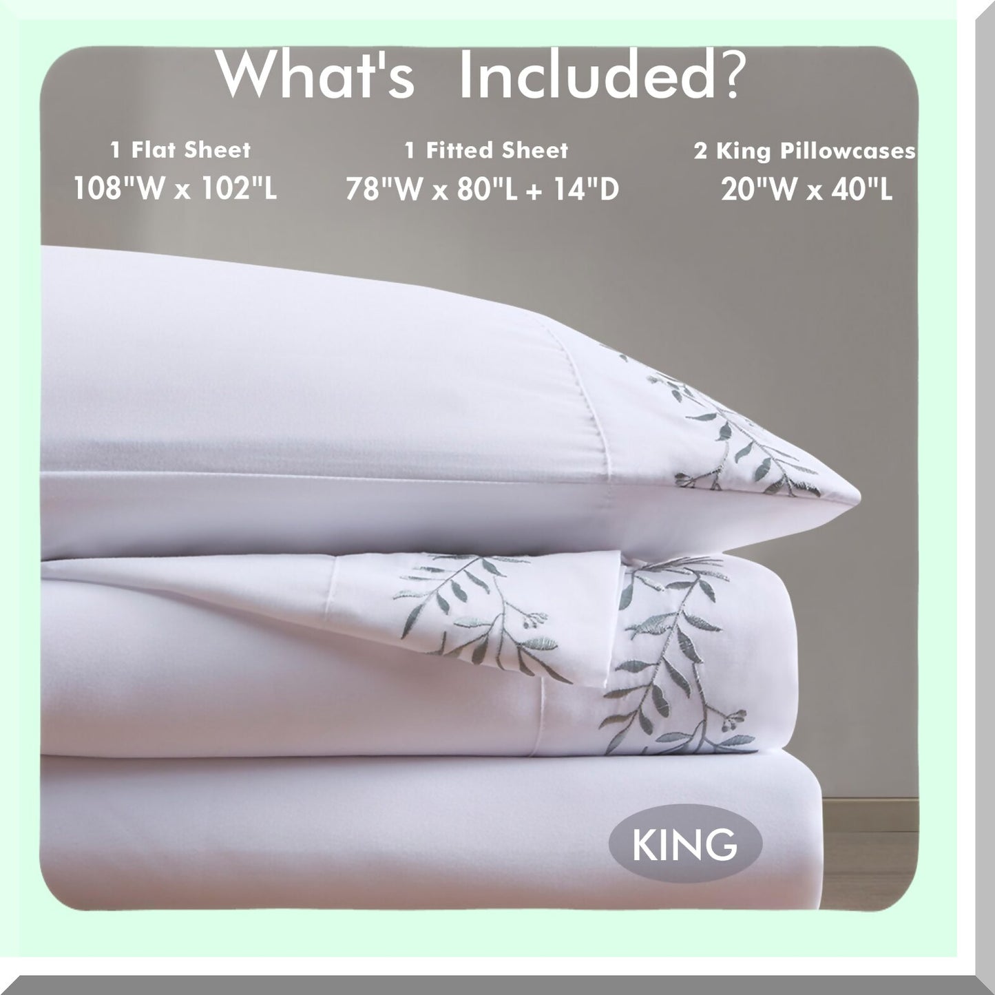 Luxury Vineyard Collection Microfiber Bedding Set - Soft Brushed Sheets with Elegant Embroidery Hem Design, Premium Elastic Pocket, All Season Pillowcases - Green Vine 4 Piece