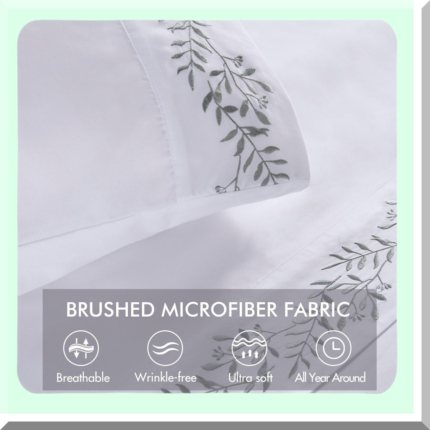 Luxury Vineyard Collection Microfiber Bedding Set - Soft Brushed Sheets with Elegant Embroidery Hem Design, Premium Elastic Pocket, All Season Pillowcases - Green Vine 4 Piece