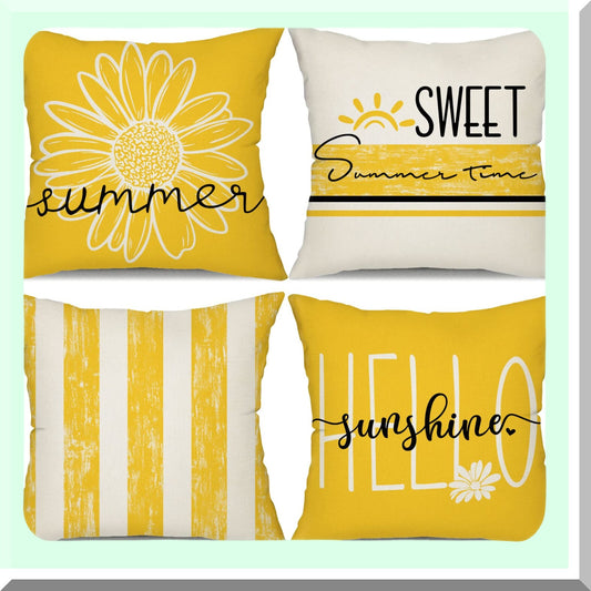 Sunshine Daisy Summer Pillow Covers - Set of 4, 18x18 Inch Outdoor Cushion Cases for Farmhouse Sofa, Home, Car, Couch. Sweet Summer Time Decor.