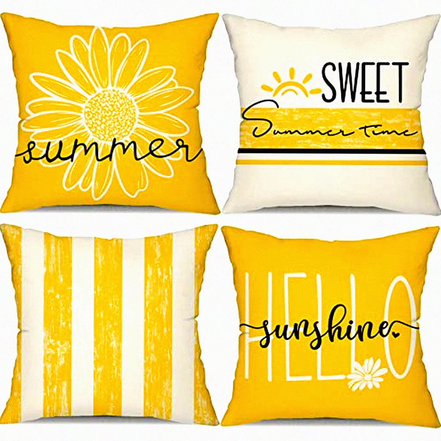 Sunshine Daisy Summer Pillow Covers - Set of 4, 18x18 Inch Outdoor Cushion Cases for Farmhouse Sofa, Home, Car, Couch. Sweet Summer Time Decor.