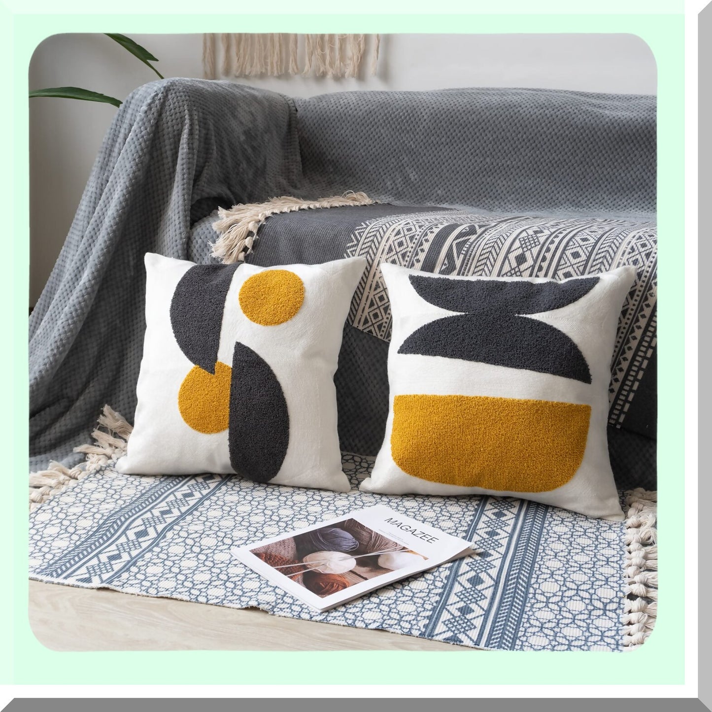 Vintage Boho Abstract Pillowcase - Retro Textured Mid Century Throw Pillow Cover for Living Room Bedroom Decor, Square 18 inches, 1PC (Black Yellow)