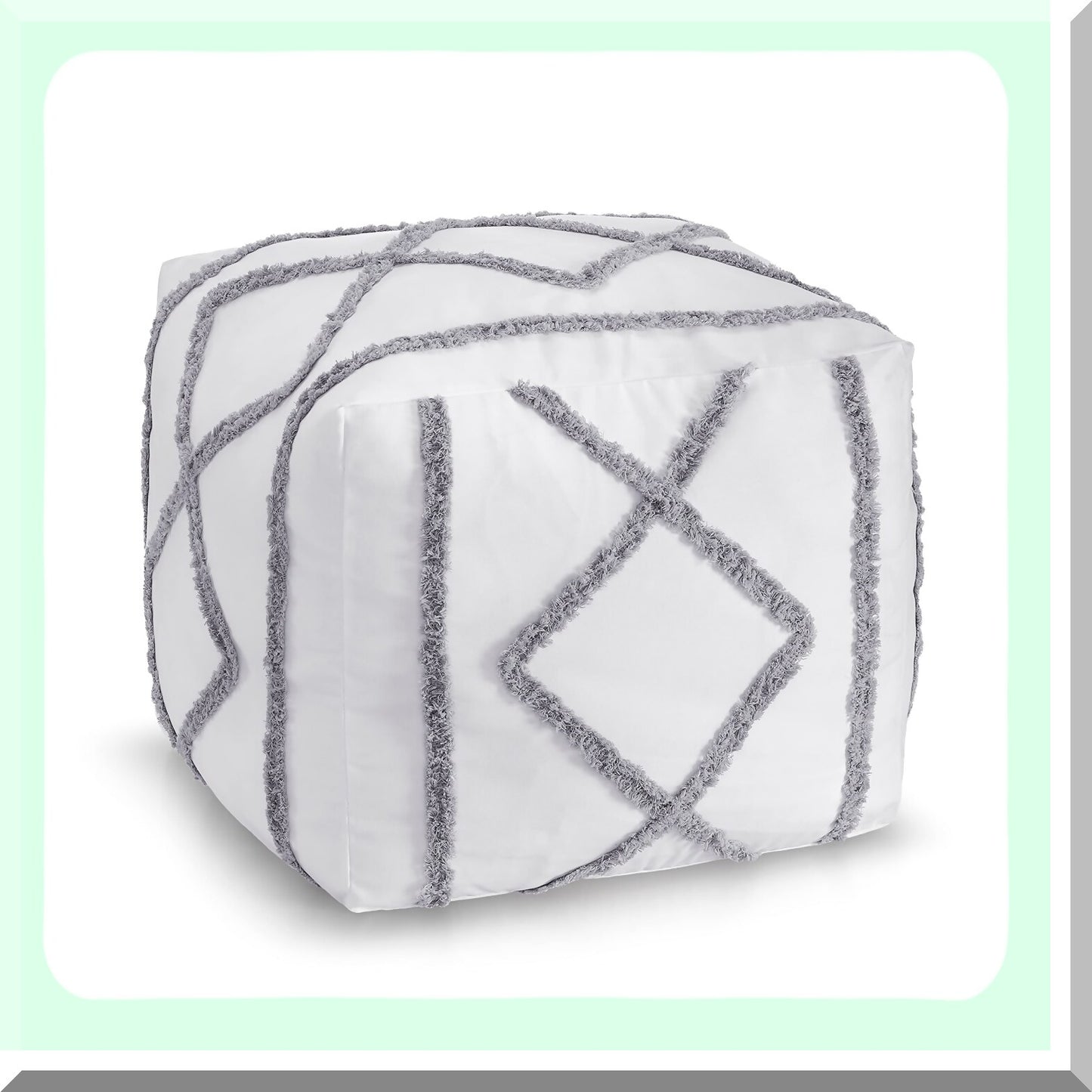 Boho Chic Geometric Fringe Pouf Cover - Modern Minimalist Ottoman Storage Case - Square Tufted Floor Pillow - Bright White Grey Decorative Pouffe