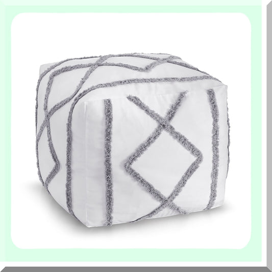 Boho Chic Geometric Fringe Pouf Cover - Modern Minimalist Ottoman Storage Case - Square Tufted Floor Pillow - Bright White Grey Decorative Pouffe