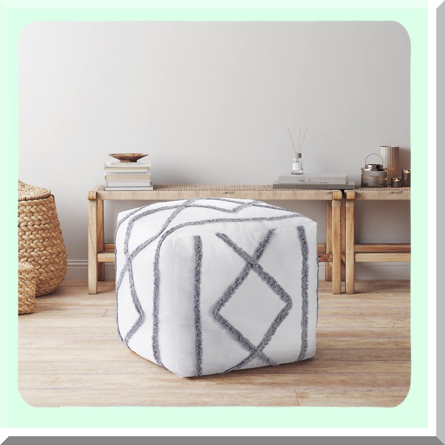 Boho Chic Geometric Fringe Pouf Cover - Modern Minimalist Ottoman Storage Case - Square Tufted Floor Pillow - Bright White Grey Decorative Pouffe