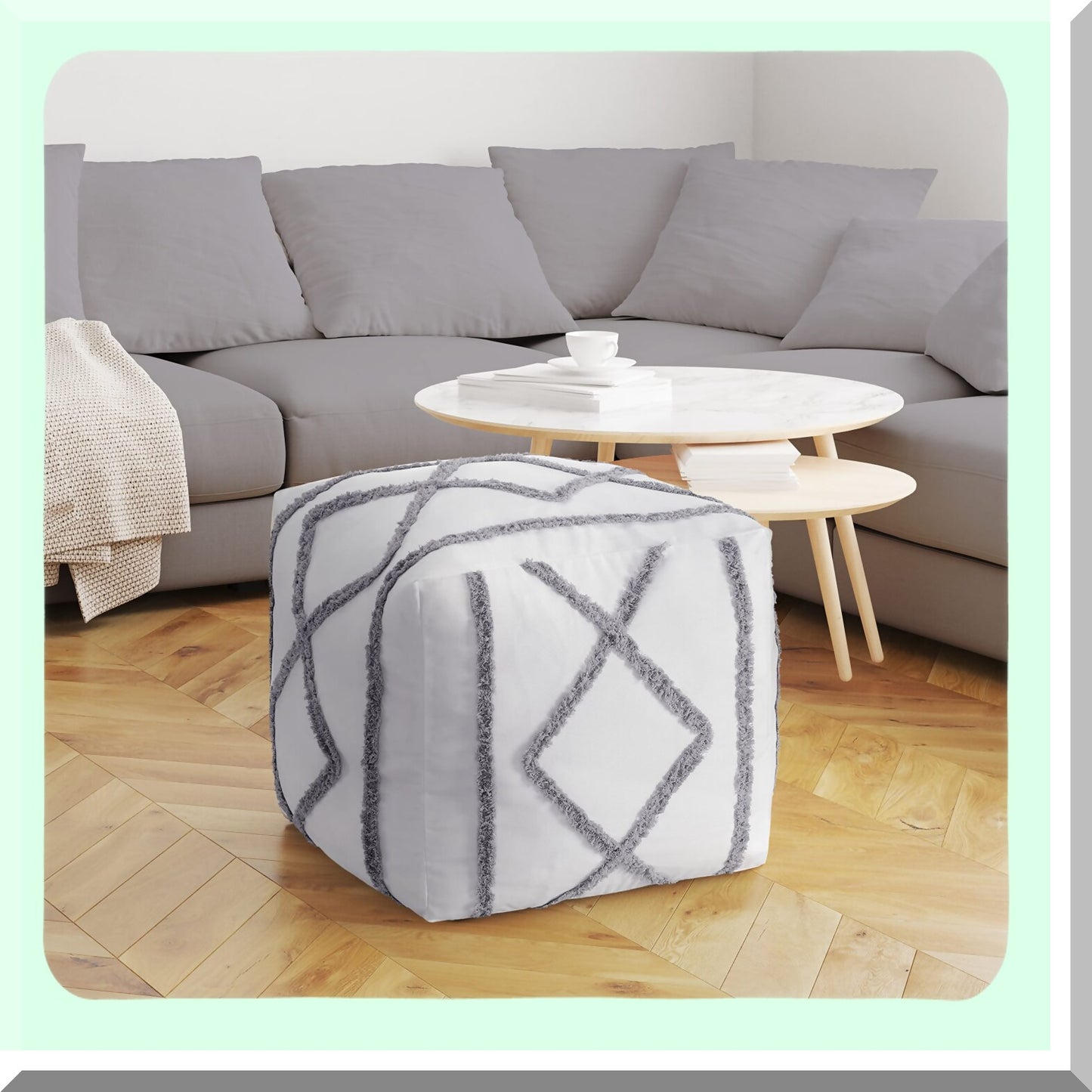 Boho Chic Geometric Fringe Pouf Cover - Modern Minimalist Ottoman Storage Case - Square Tufted Floor Pillow - Bright White Grey Decorative Pouffe