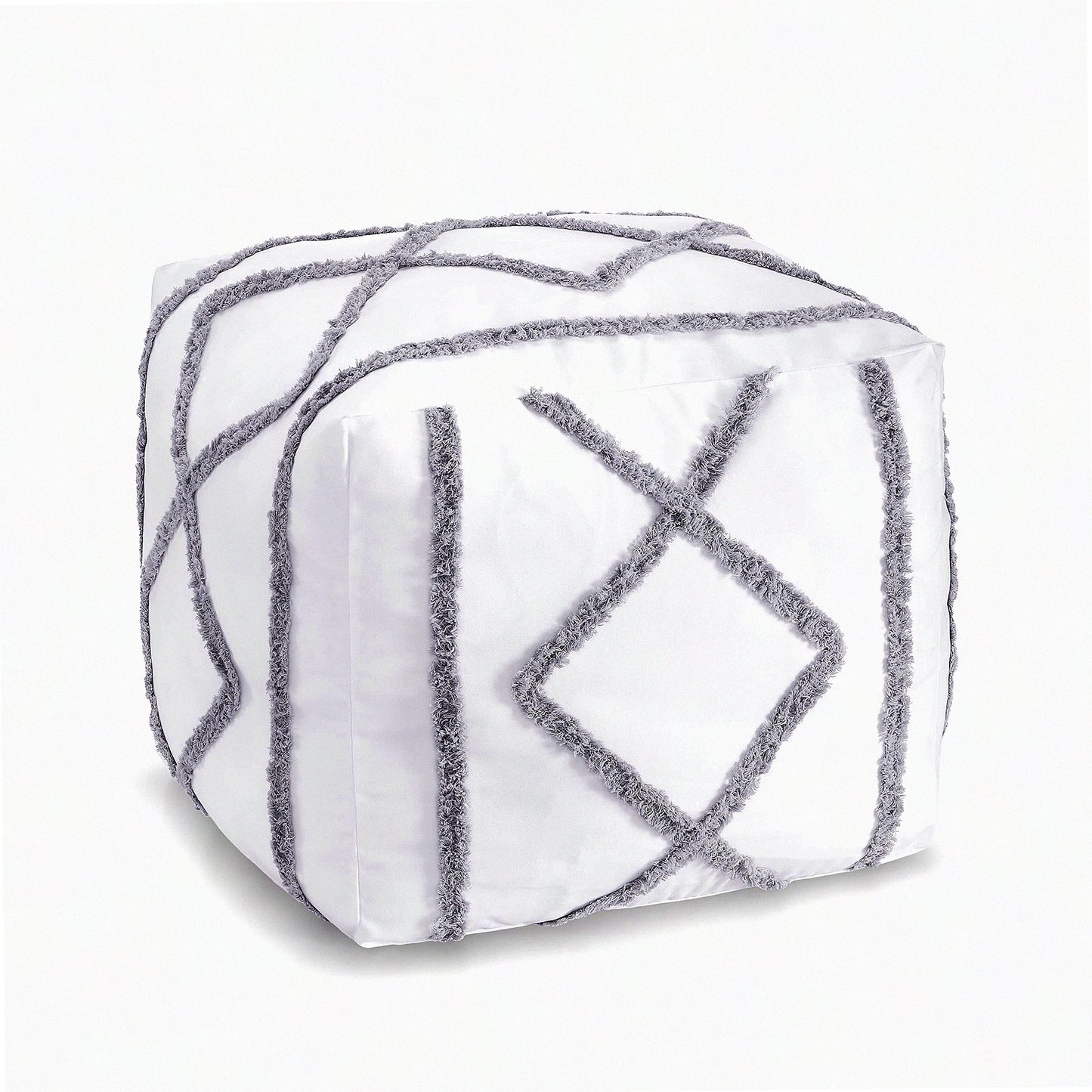 Boho Chic Geometric Fringe Pouf Cover - Modern Minimalist Ottoman Storage Case - Square Tufted Floor Pillow - Bright White Grey Decorative Pouffe