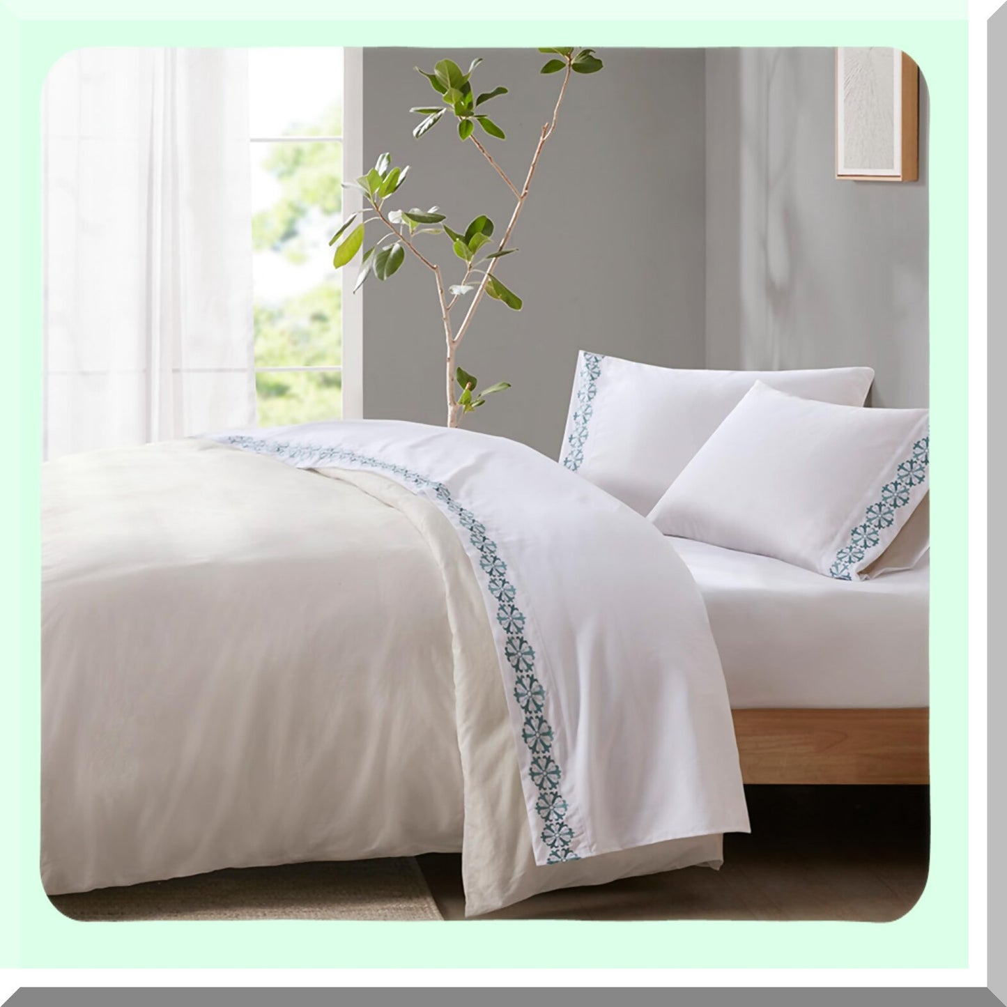 Luxury Medallion Embroidered Microfiber Sheet Set - Full Size Teal Bedding with Elastic Pocket - Soft Brushed Fabric, All Season Pillowcases - 4 Piece Elegant Design