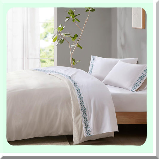 Luxury Medallion Embroidered Microfiber Sheet Set - Full Size Teal Bedding with Elastic Pocket - Soft Brushed Fabric, All Season Pillowcases - 4 Piece Elegant Design