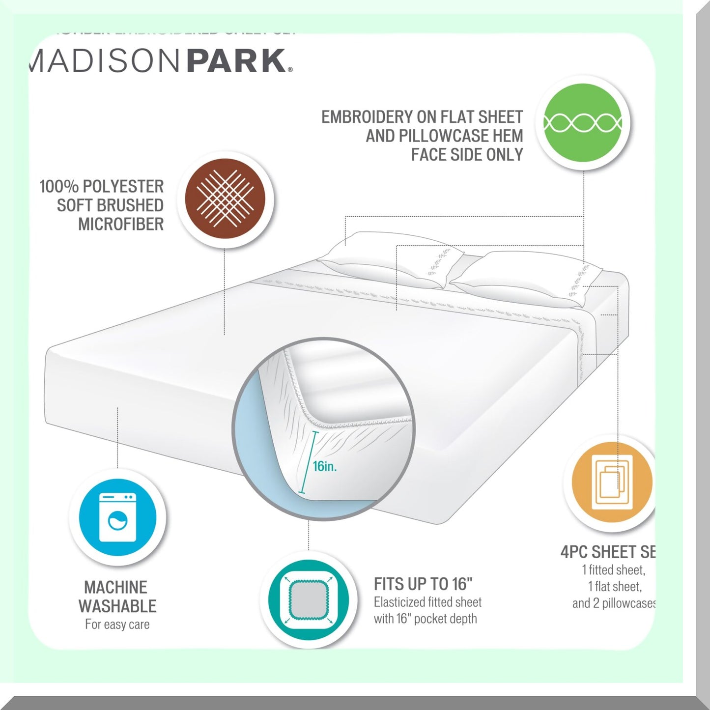 Luxury Medallion Embroidered Microfiber Sheet Set - Full Size Teal Bedding with Elastic Pocket - Soft Brushed Fabric, All Season Pillowcases - 4 Piece Elegant Design