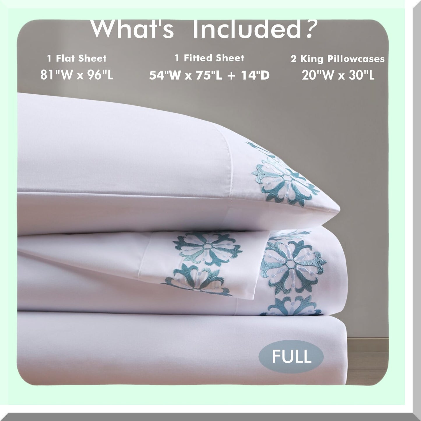 Luxury Medallion Embroidered Microfiber Sheet Set - Full Size Teal Bedding with Elastic Pocket - Soft Brushed Fabric, All Season Pillowcases - 4 Piece Elegant Design