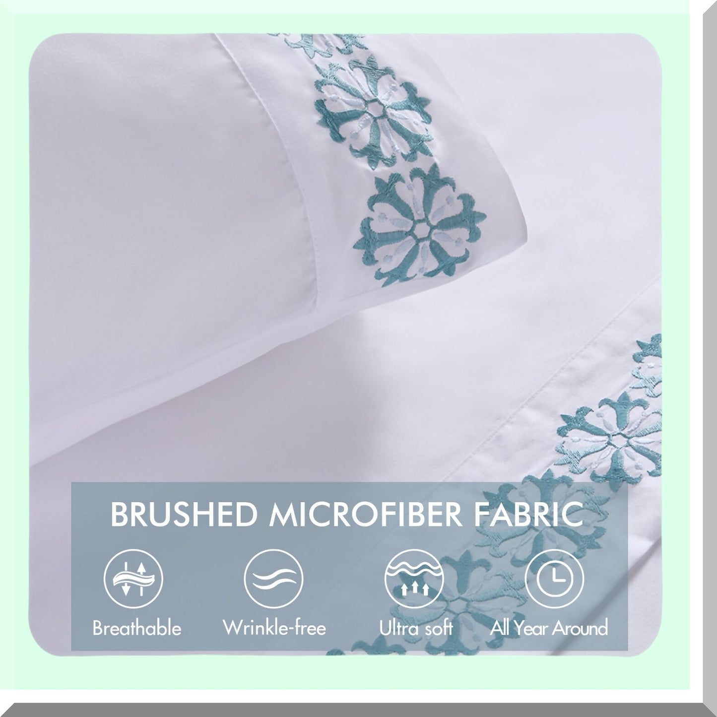 Luxury Medallion Embroidered Microfiber Sheet Set - Full Size Teal Bedding with Elastic Pocket - Soft Brushed Fabric, All Season Pillowcases - 4 Piece Elegant Design
