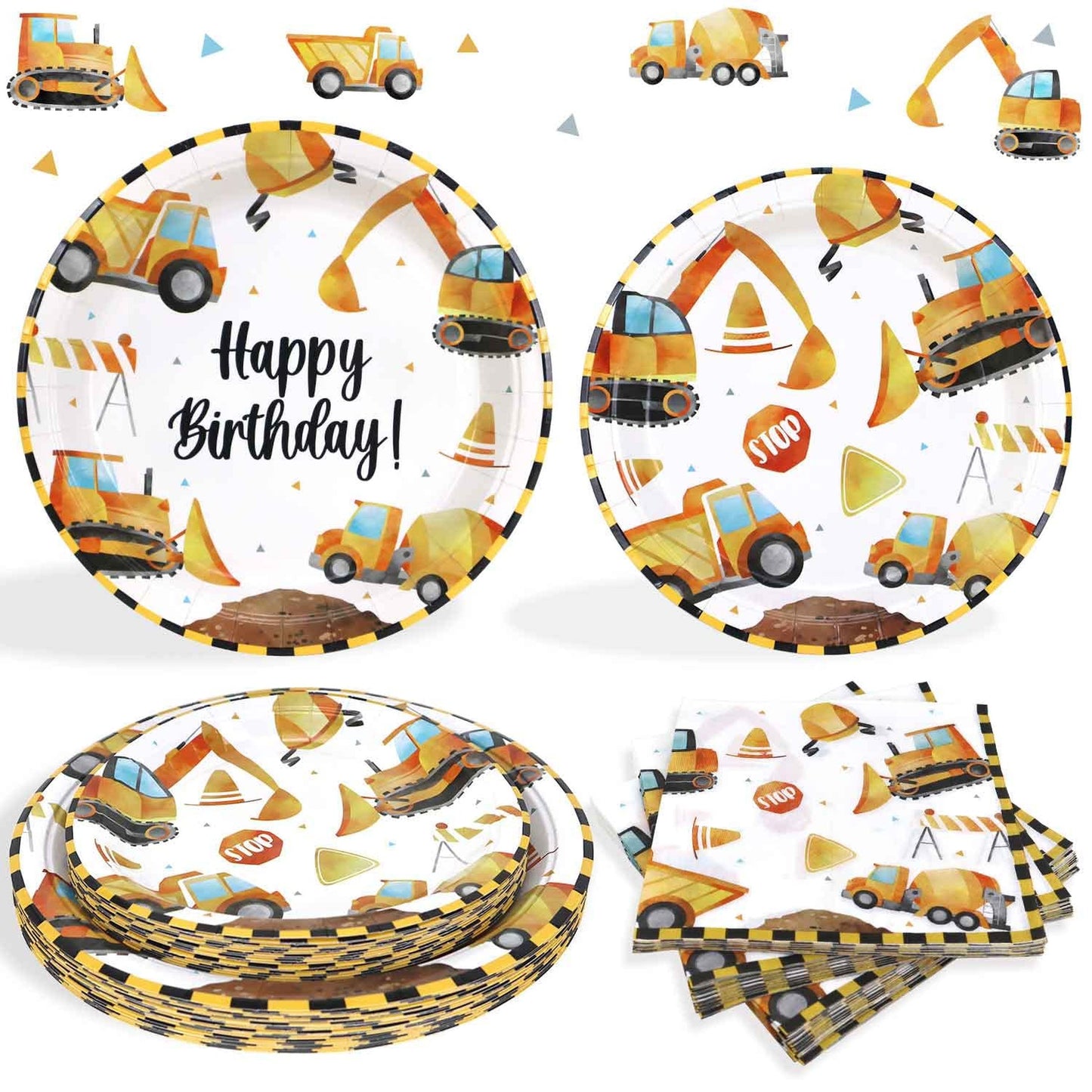 Construction Crew Party Pack - Complete set of plates and napkins for 25 guests, perfect for a construction-themed birthday party for boys and kids.