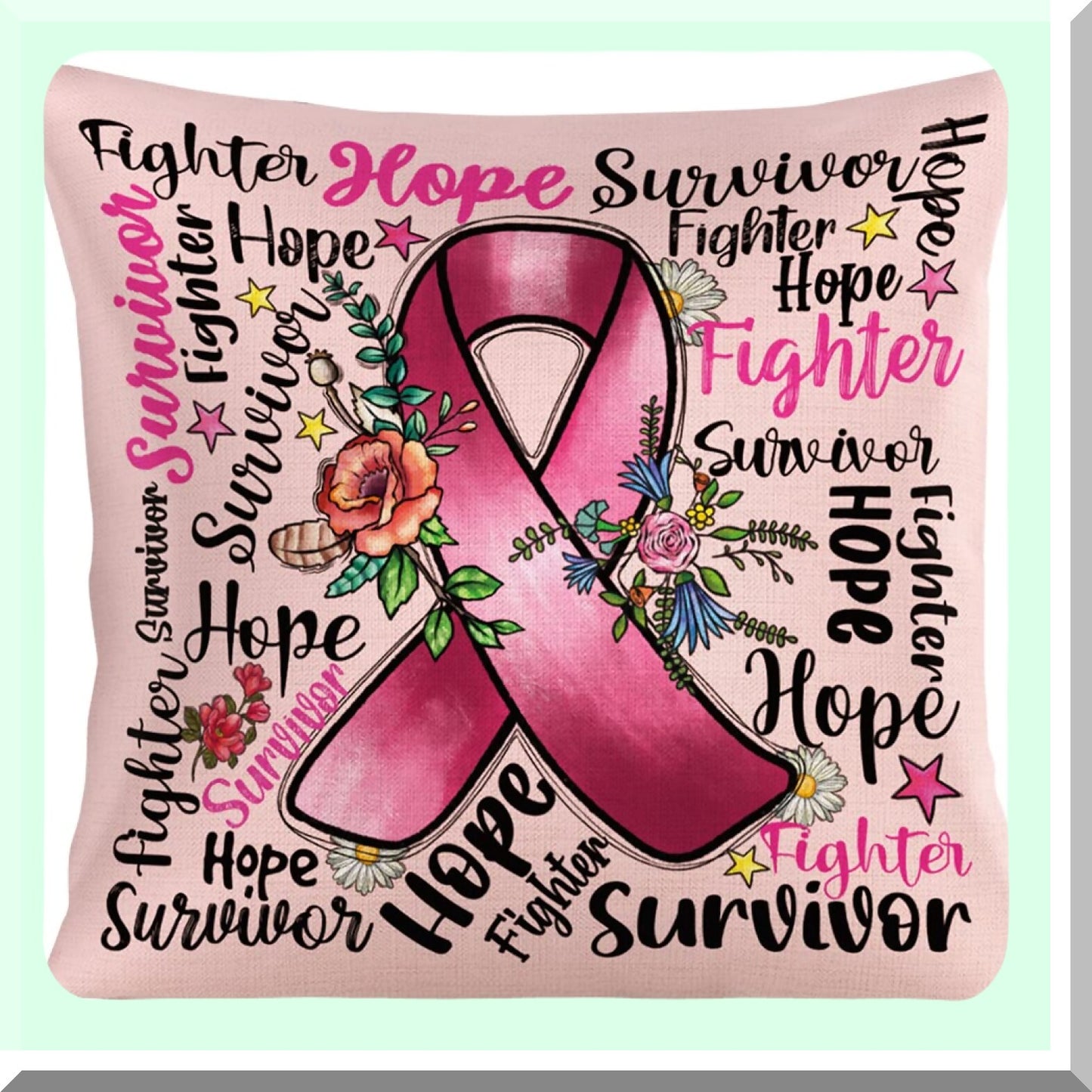 Pink Ribbon Survivor Sympathy Pillowcase - Breast Cancer Awareness Gift with Positive Energy - Cotton Linen Throw Pillow Cover - 18 x 18 Inch