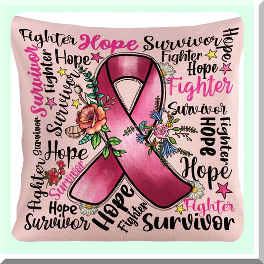 Pink Ribbon Survivor Sympathy Pillowcase - Breast Cancer Awareness Gift with Positive Energy - Cotton Linen Throw Pillow Cover - 18 x 18 Inch