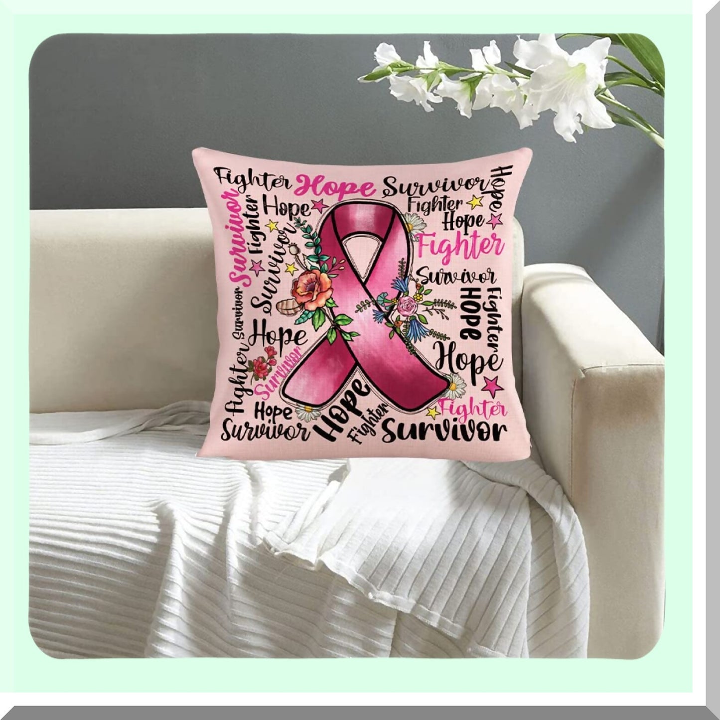 Pink Ribbon Survivor Sympathy Pillowcase - Breast Cancer Awareness Gift with Positive Energy - Cotton Linen Throw Pillow Cover - 18 x 18 Inch