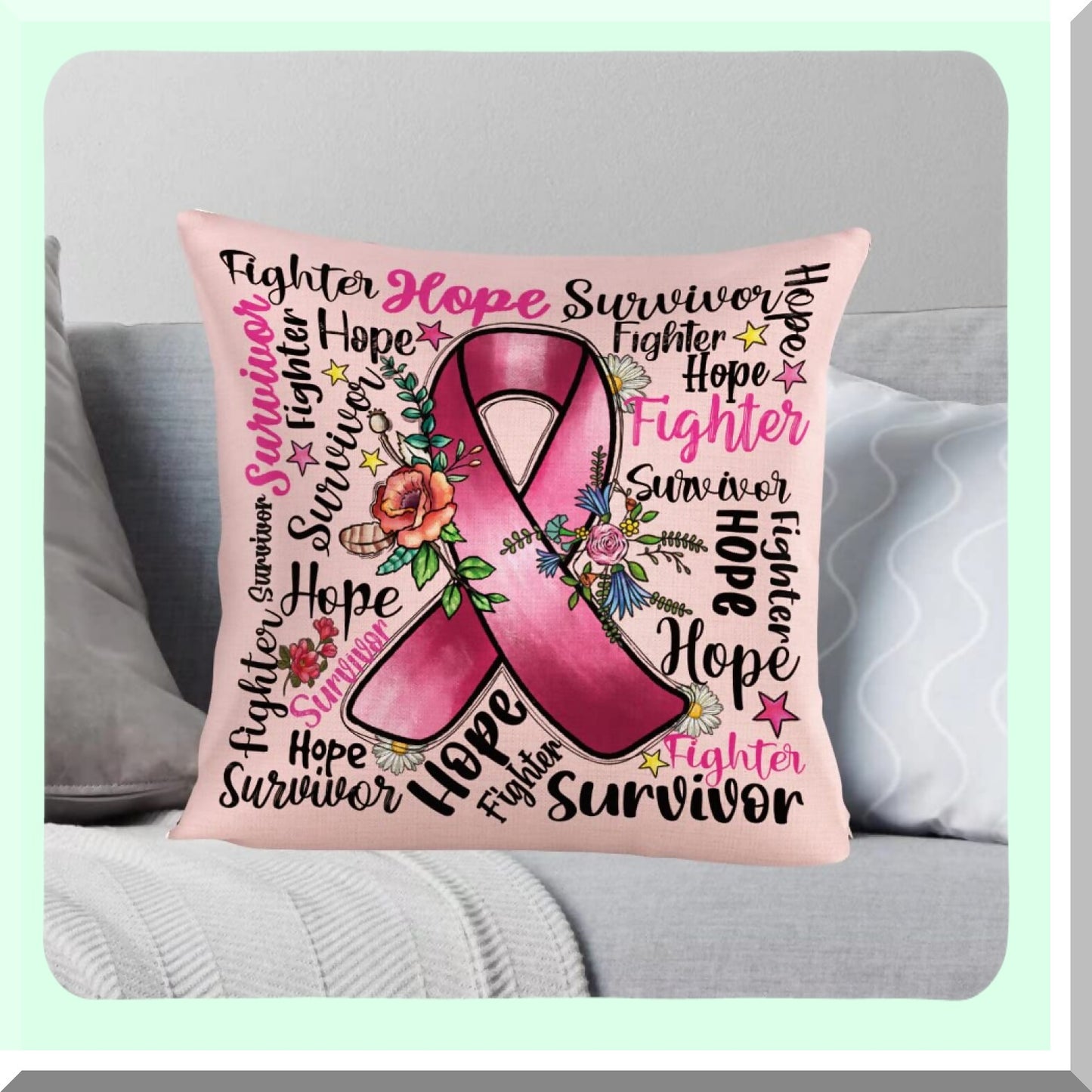 Pink Ribbon Survivor Sympathy Pillowcase - Breast Cancer Awareness Gift with Positive Energy - Cotton Linen Throw Pillow Cover - 18 x 18 Inch