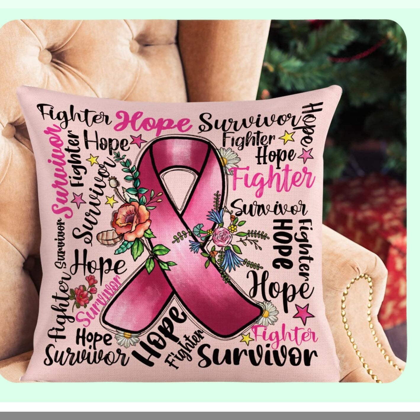 Pink Ribbon Survivor Sympathy Pillowcase - Breast Cancer Awareness Gift with Positive Energy - Cotton Linen Throw Pillow Cover - 18 x 18 Inch