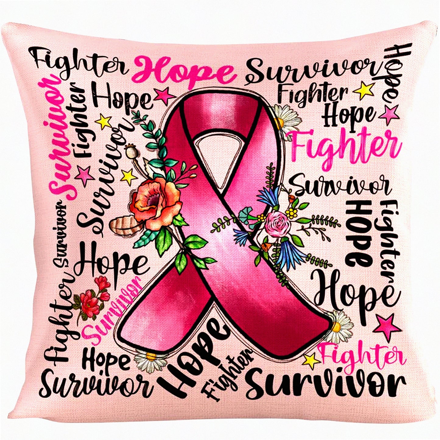 Pink Ribbon Survivor Sympathy Pillowcase - Breast Cancer Awareness Gift with Positive Energy - Cotton Linen Throw Pillow Cover - 18 x 18 Inch