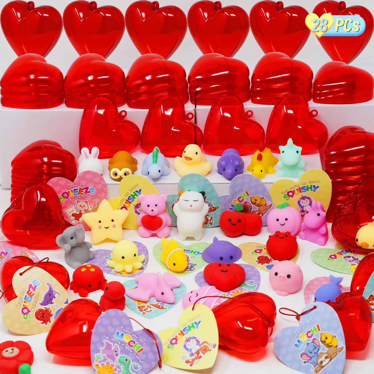 Valentine's Heart Shell Mochi Squishy Pack - Kawaii Stress Relief Toys & Gift Cards Set for School Classroom Exchange, Party Favors & Games