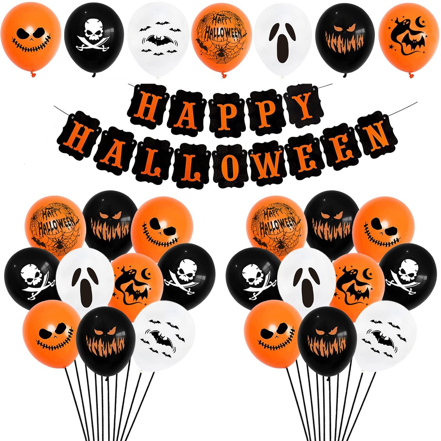 Spooky Fun Balloon Set - 28PCS 12 Inch Latex Black Orange Balloons with Pumpkin Bat Ghost Spider Designs & Happy Banner for Kids Party Decorations
