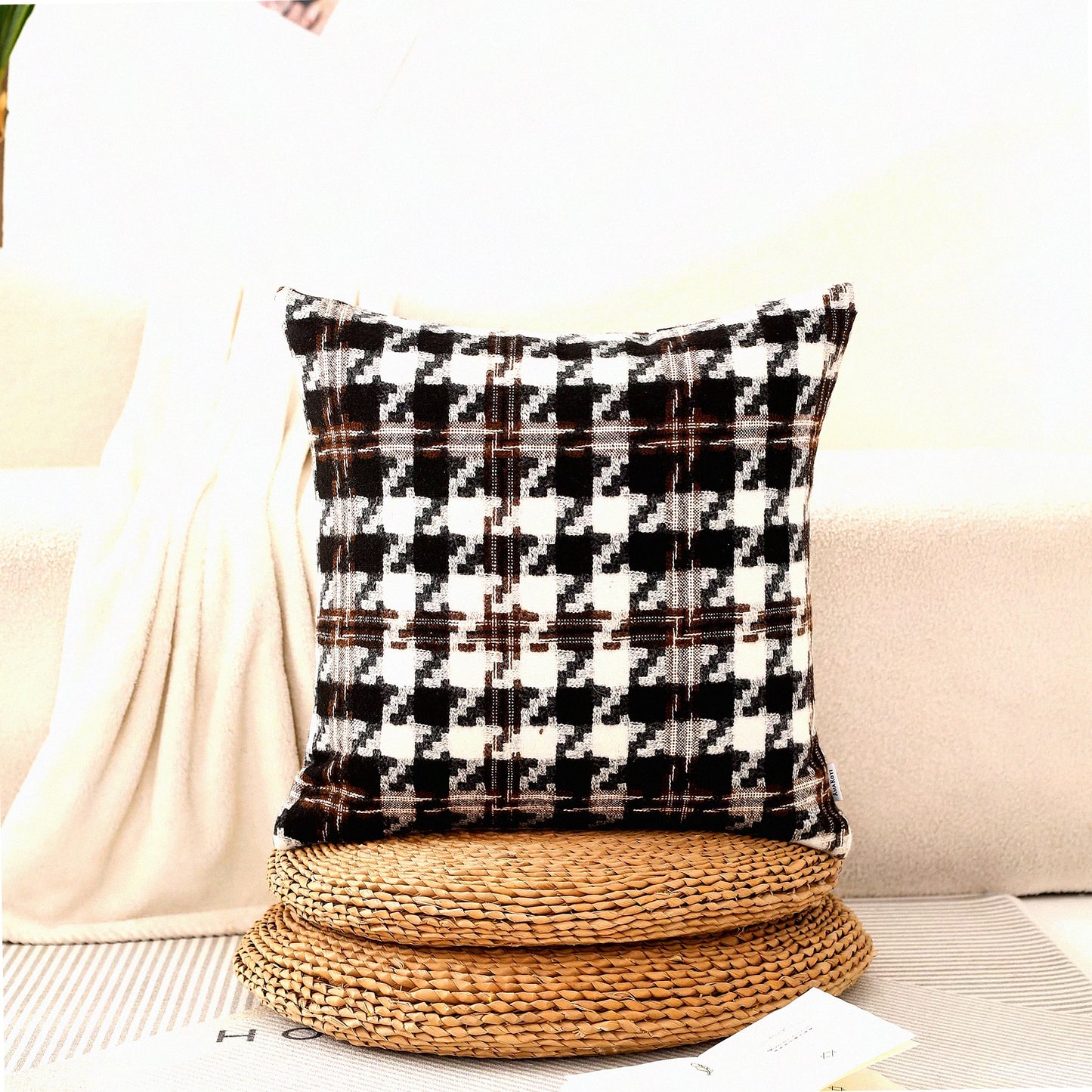 Houndstooth Jacquard Decorative Pillow Covers - Set of 2, 18x18 inch - Couch Sofa Bedroom Accent Cushion Cases - Modern Home Decor Accessories