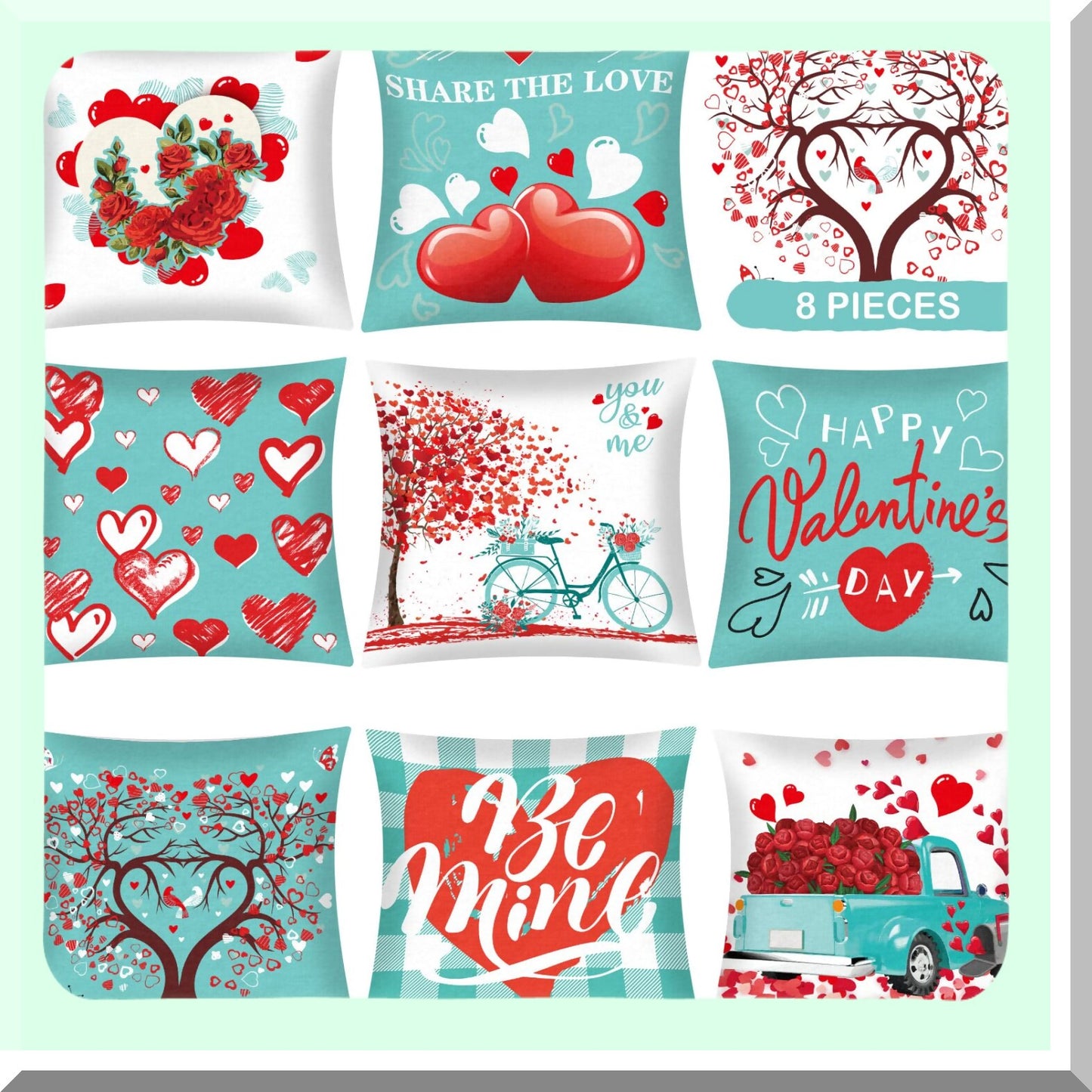Heartfelt Love Pillow Covers Set - Romantic Valentine's Day Decorative Cushion Cases for Sofa Bed - 18 x 18 Inch Sweet Love Theme - Set of 8 Pieces