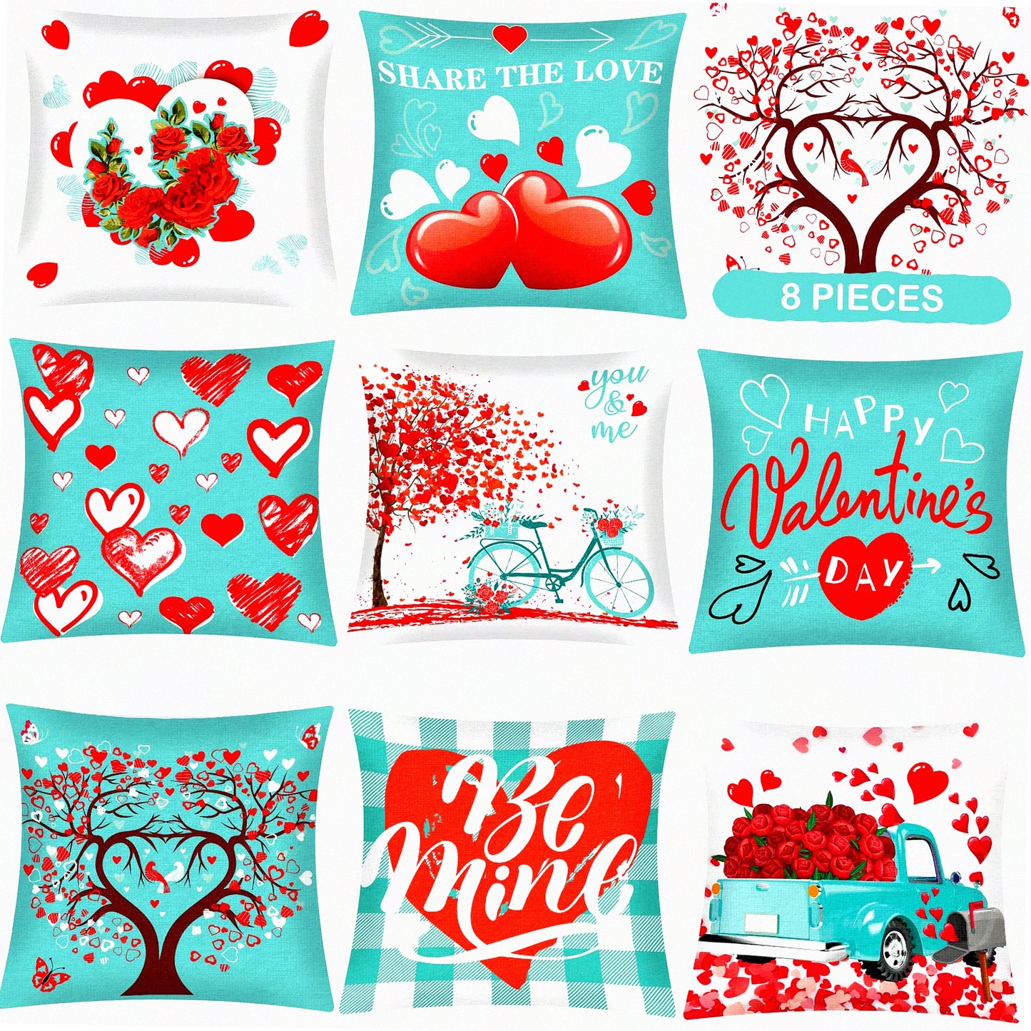Heartfelt Love Pillow Covers Set - Romantic Valentine's Day Decorative Cushion Cases for Sofa Bed - 18 x 18 Inch Sweet Love Theme - Set of 8 Pieces