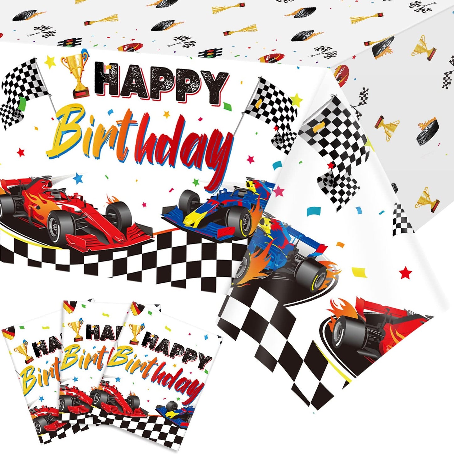 Racing Car Party Tablecloth Set - 3 Pack Disposable Plastic Covers for Kids Birthday Decorations, Car Theme Racing Party Supplies