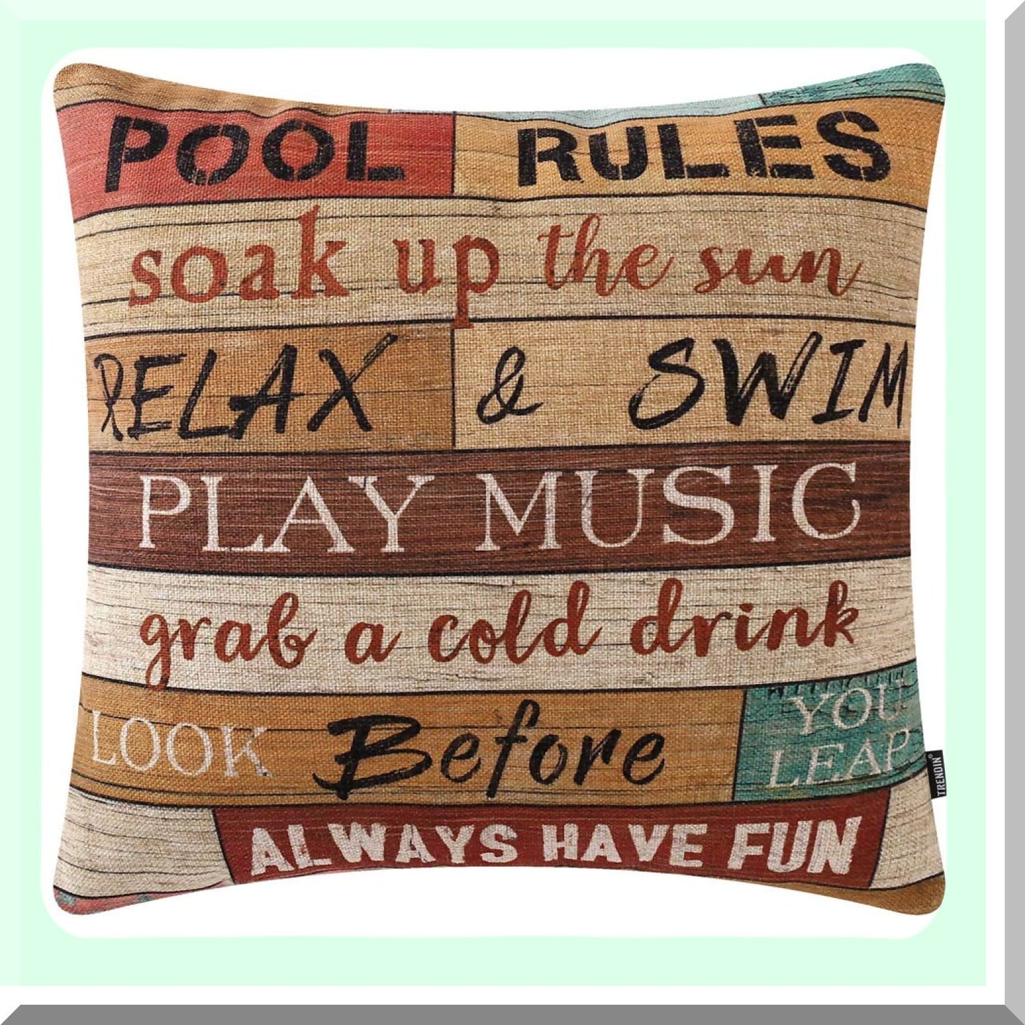 Poolside Plank Pillow Cover - 18x18 Inch Cotton Linen Cushion Case for Sofa Couch - Pool Rules Decorative Throw Pillow - PL506TR