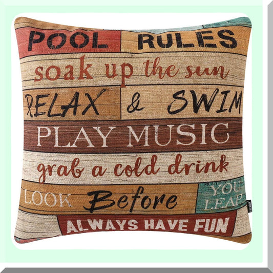 Poolside Plank Pillow Cover - 18x18 Inch Cotton Linen Cushion Case for Sofa Couch - Pool Rules Decorative Throw Pillow - PL506TR