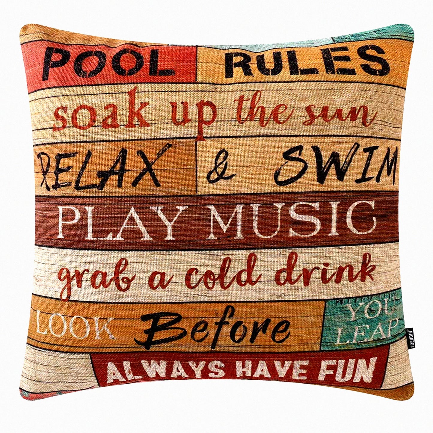 Poolside Plank Pillow Cover - 18x18 Inch Cotton Linen Cushion Case for Sofa Couch - Pool Rules Decorative Throw Pillow - PL506TR
